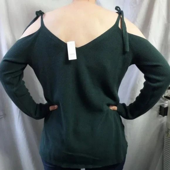 LOFT GREEN COLD SHOULDER CASUAL CAREER FEMININE OVERSIZED SWEATER SIZE: XL NEW - Picture 3 of 4
